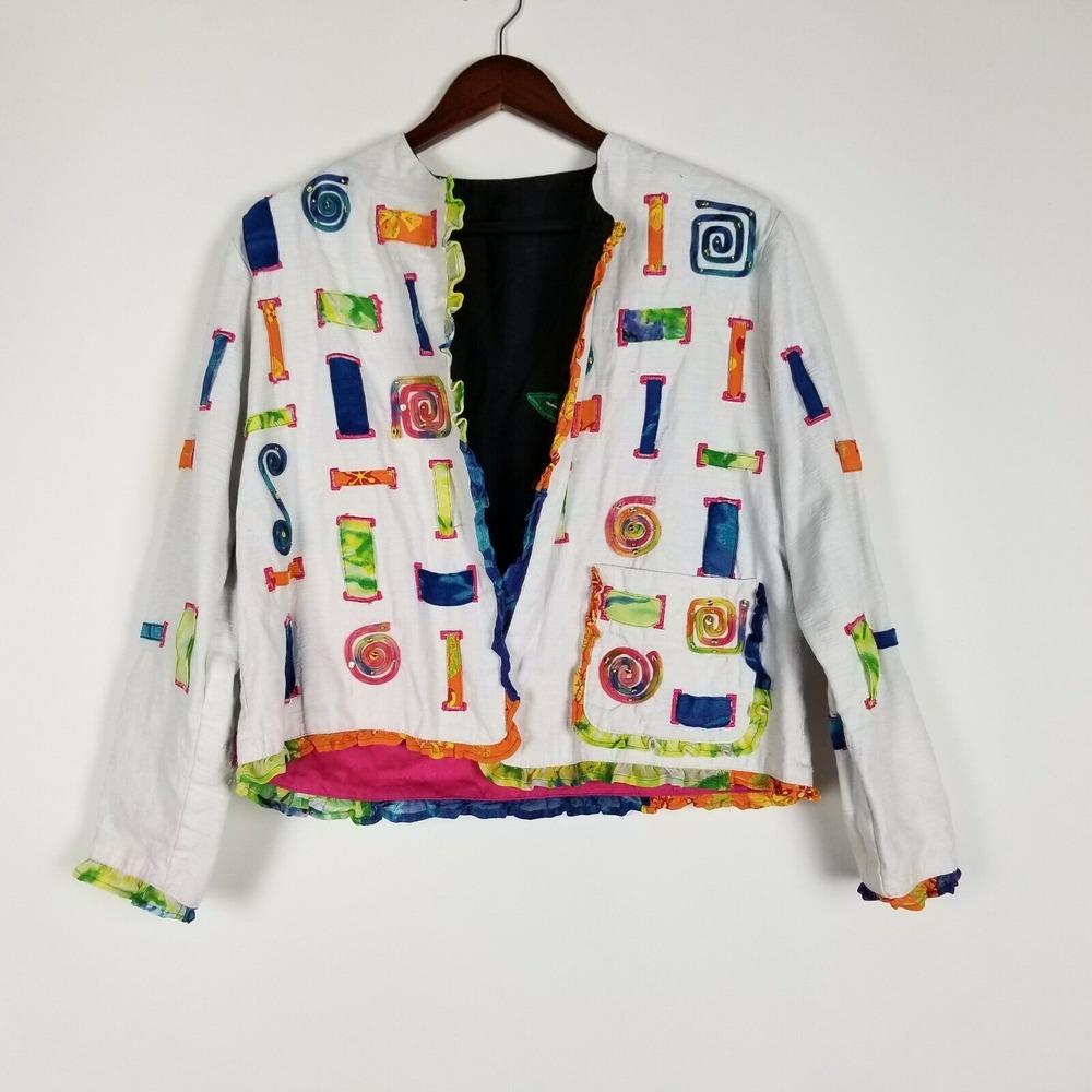 Vintage Yak Magik Women's Jacket Size S Open Front Black White Beaded Embroider